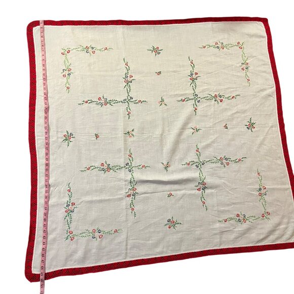 Vintage Hand Embroidered Floral Tablecloth Red Crochet Lace 50x52 Cottage - Picture 9 of 16